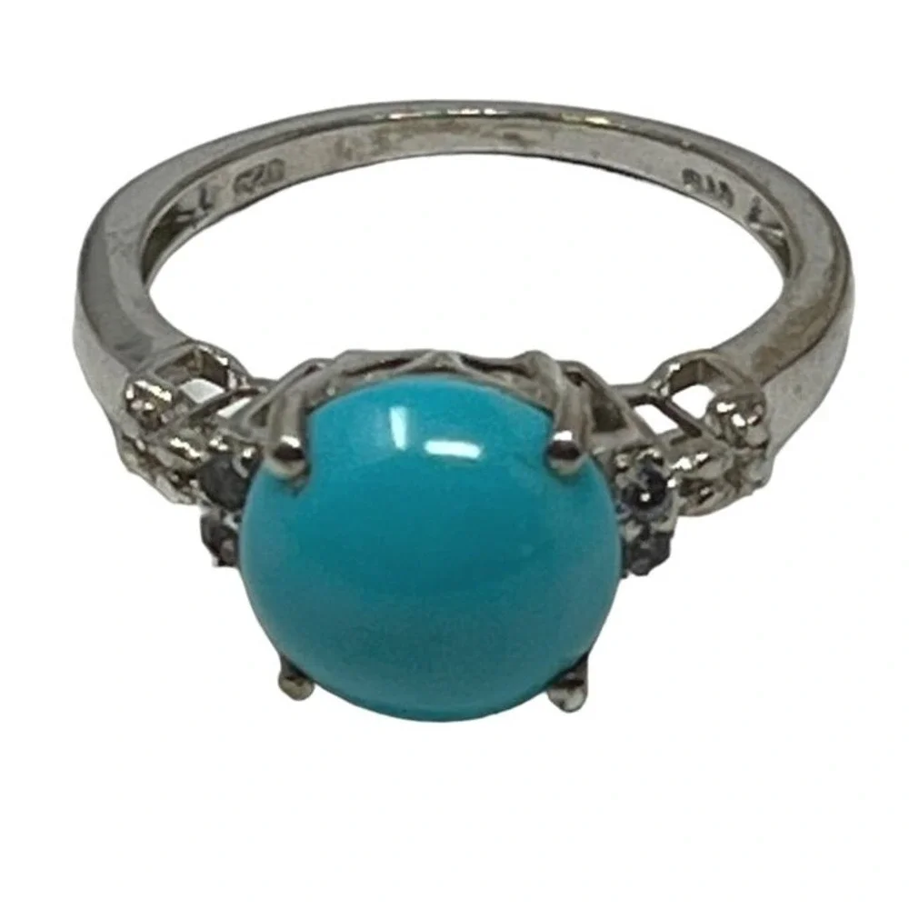 Womens Sterling Silver Ring Faux Turquoise Clear Stone Accents 925